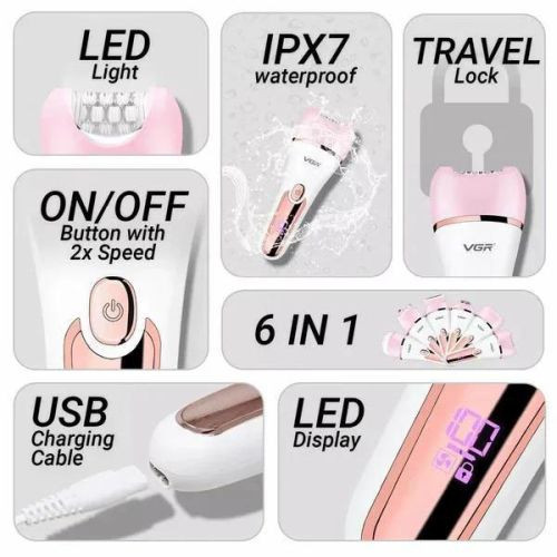 Эпилятор 6 в 1 (12 насадок) IPX7 PINK V-733 VGR на beauty-prof.com Фото 3 Эпилятор 6 в 1 (12 насадок) IPX7 PINK V-733 VGR Фото 3