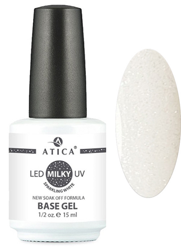 База камуфлирующая каучуковая Base Gel Milky Sparkling White Soak-Off Atica, 15 мл