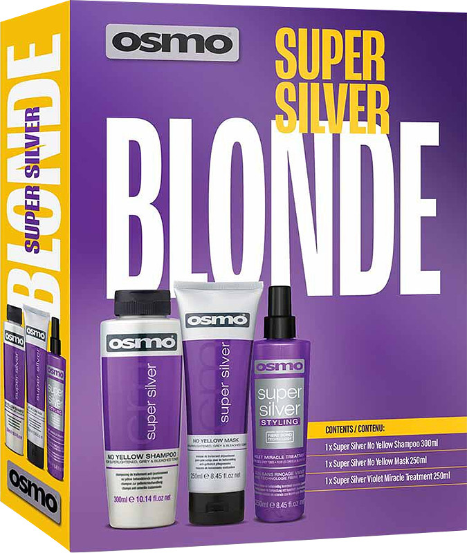 Набір проти жовтизни для освітленого і сивого волосся Super Silver OSMO, (300 мл/250 мл/250 мл)