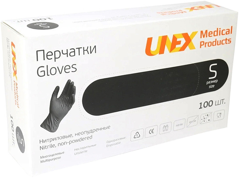 Перчатки нитриловые неприпудренные Products Black Unex Medical, размер S Фото 2