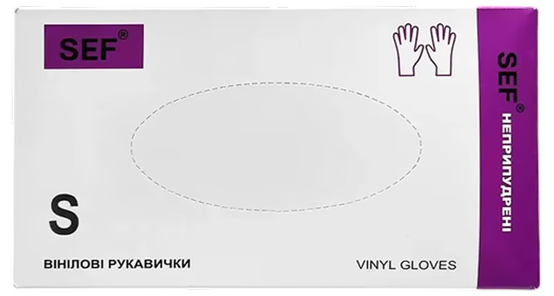 Перчатки виниловые неопудренные прозрачные, S 100 шт SEF