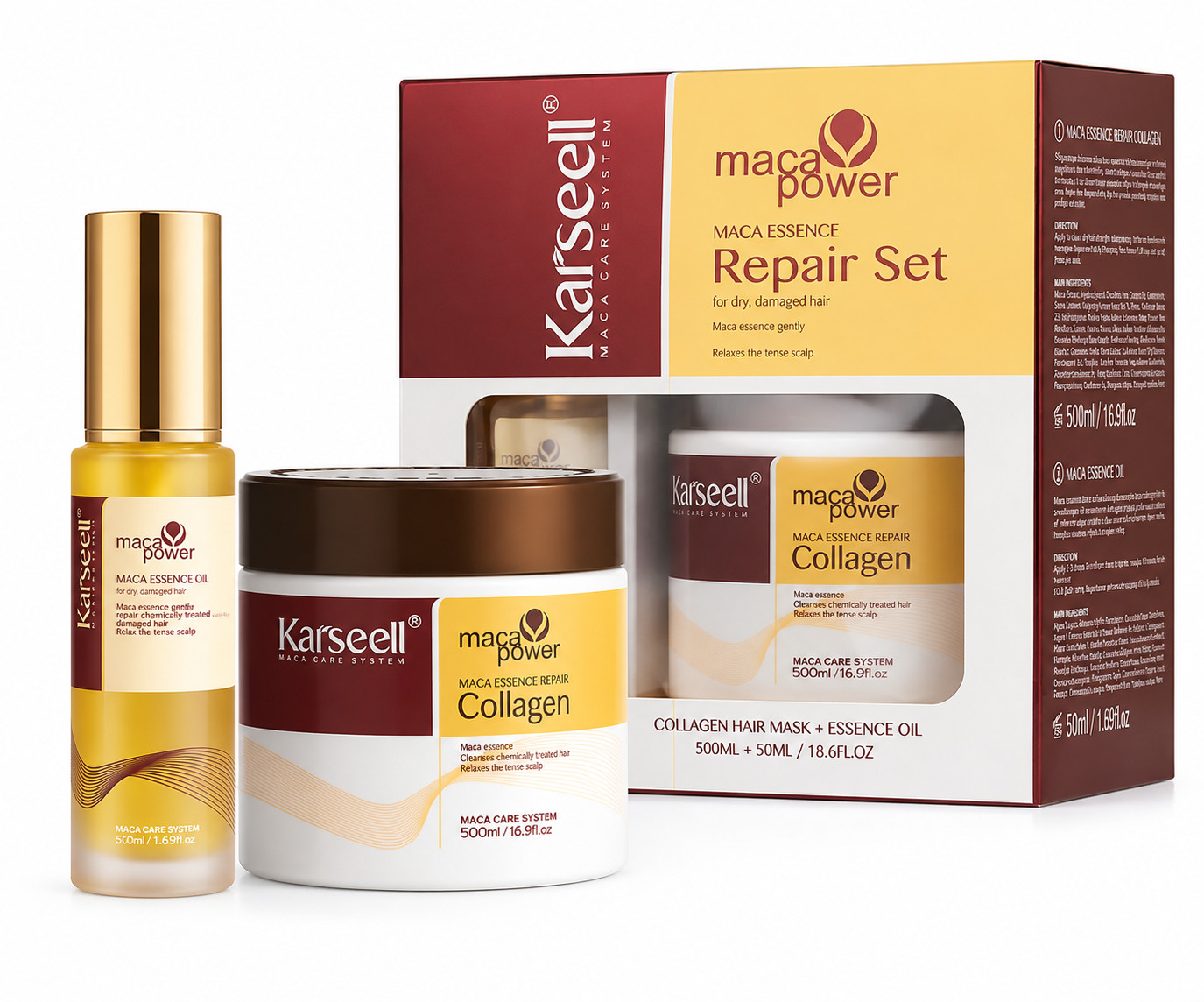 Набор восстанавливающий с эссенцией маки Collagen Hair Mask+Essence Oil Karseell, (500мл/50мл)