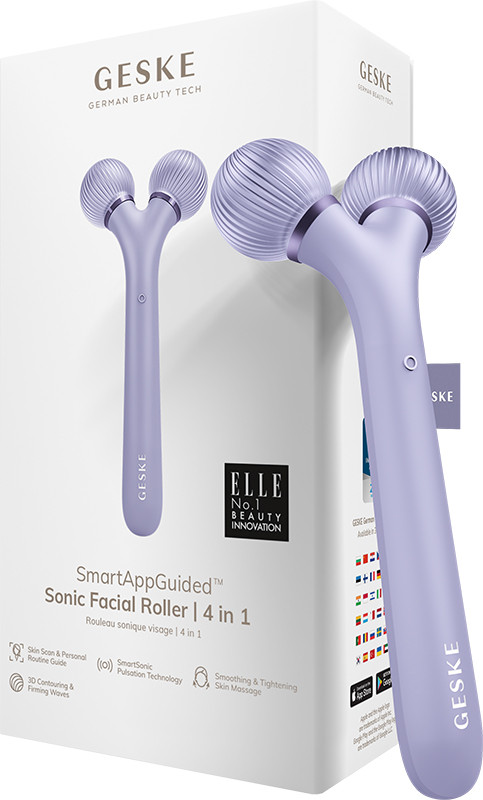 Електронний звуковий ролик для обличчя GESKE Sonic Facial Roller 4 в 1 фіолетовий на beauty-prof.com Електронний звуковий ролик для обличчя GESKE Sonic Facial Roller 4 в 1 фіолетовий