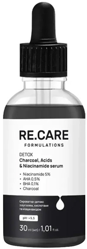Сироватка-детокс з вугіллям, кислотами та ніацинамідом Detox Charcoal, Acids & Niacinamide Serum RECARE, 30 мл