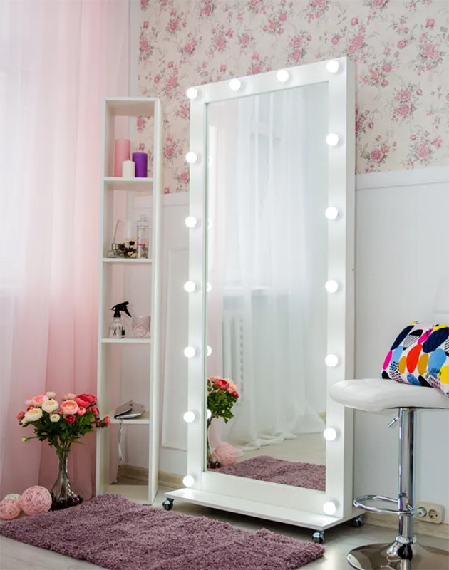 Дзеркало з лампами на повний зріст з коліщатками Мінаж White (180x80)