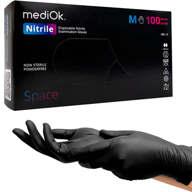 Рукавички нітрилові неопудрені чорні М Space MediOk, 100 шт