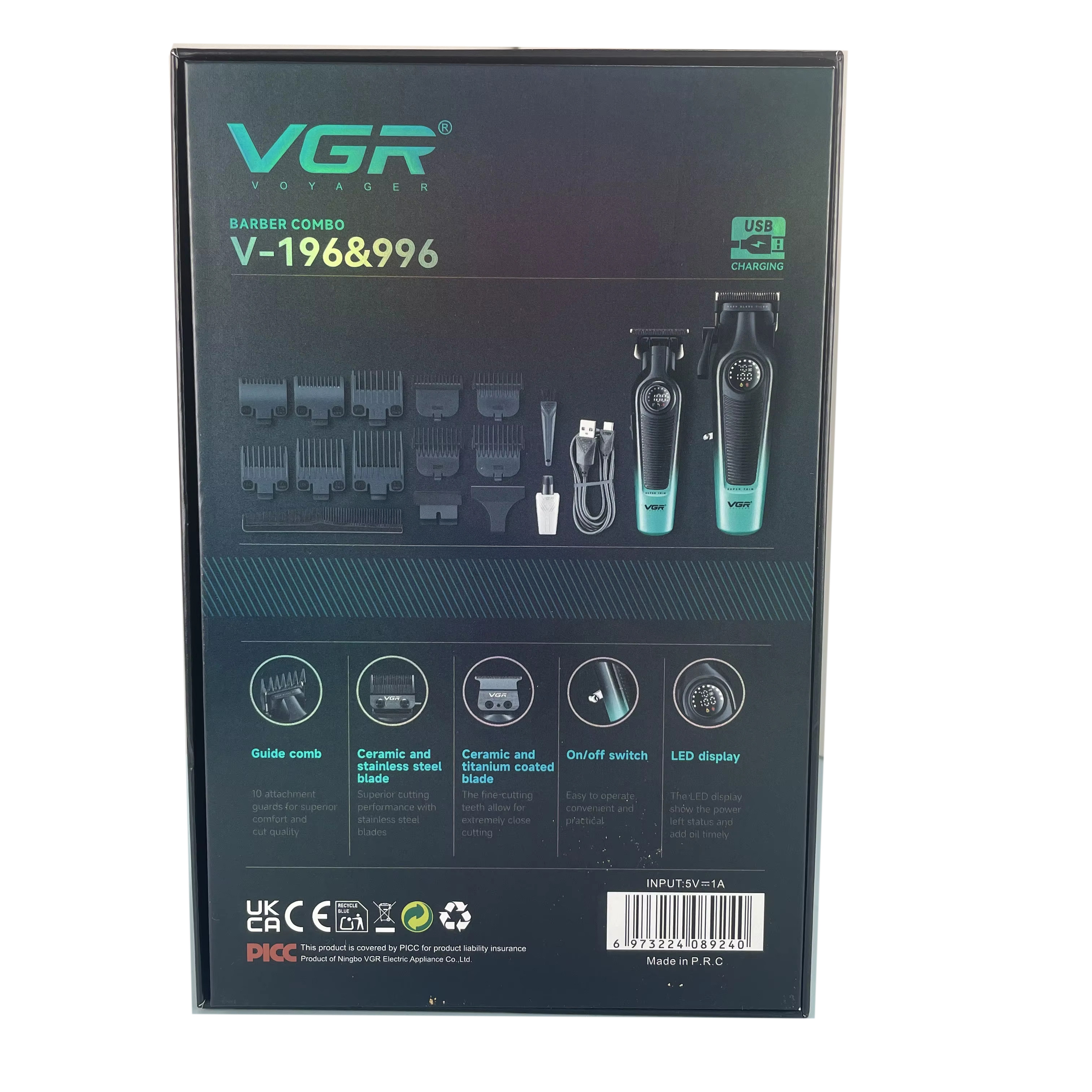 Набор машинка для стрижки аккумуляторная и триммер 2 в 1 V-196&996 GREEN VGR  Фото 3 