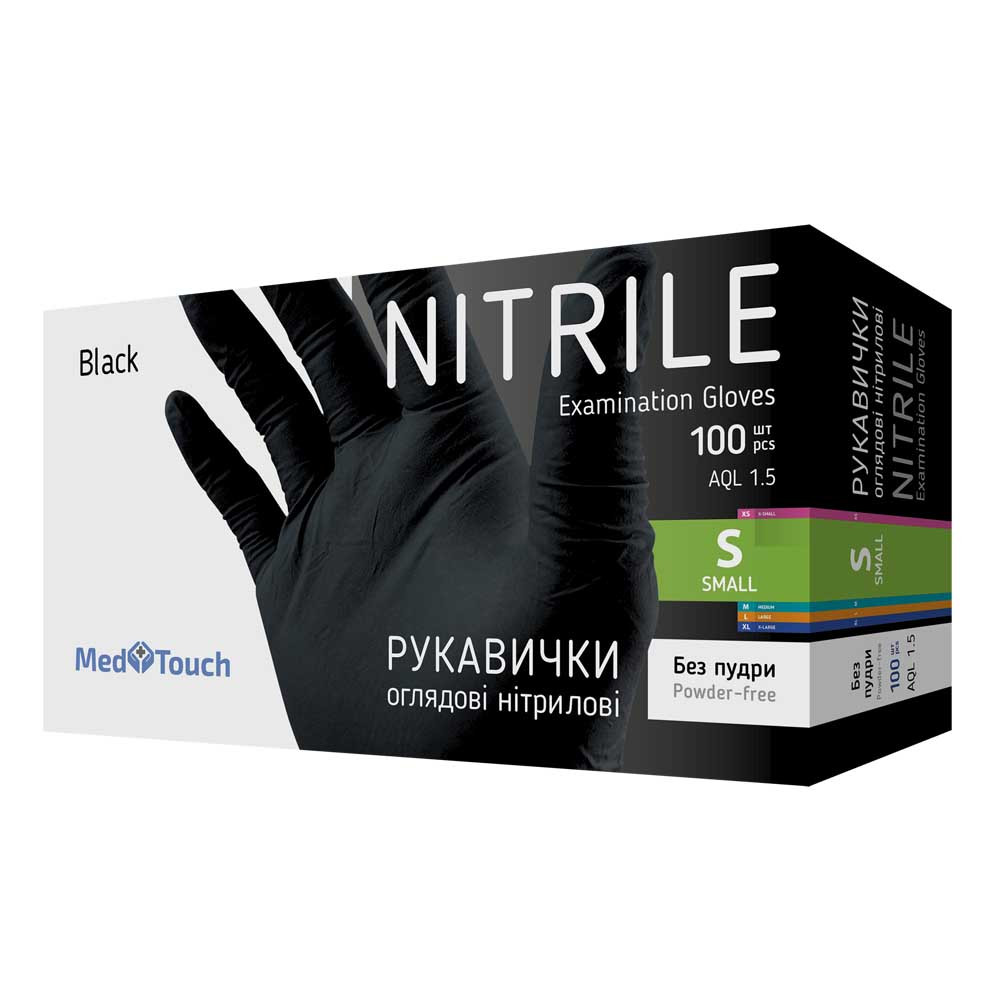Рукавички нітрилові неопудрені чорні S MedTouch Standard, 100 шт  Фото 2 