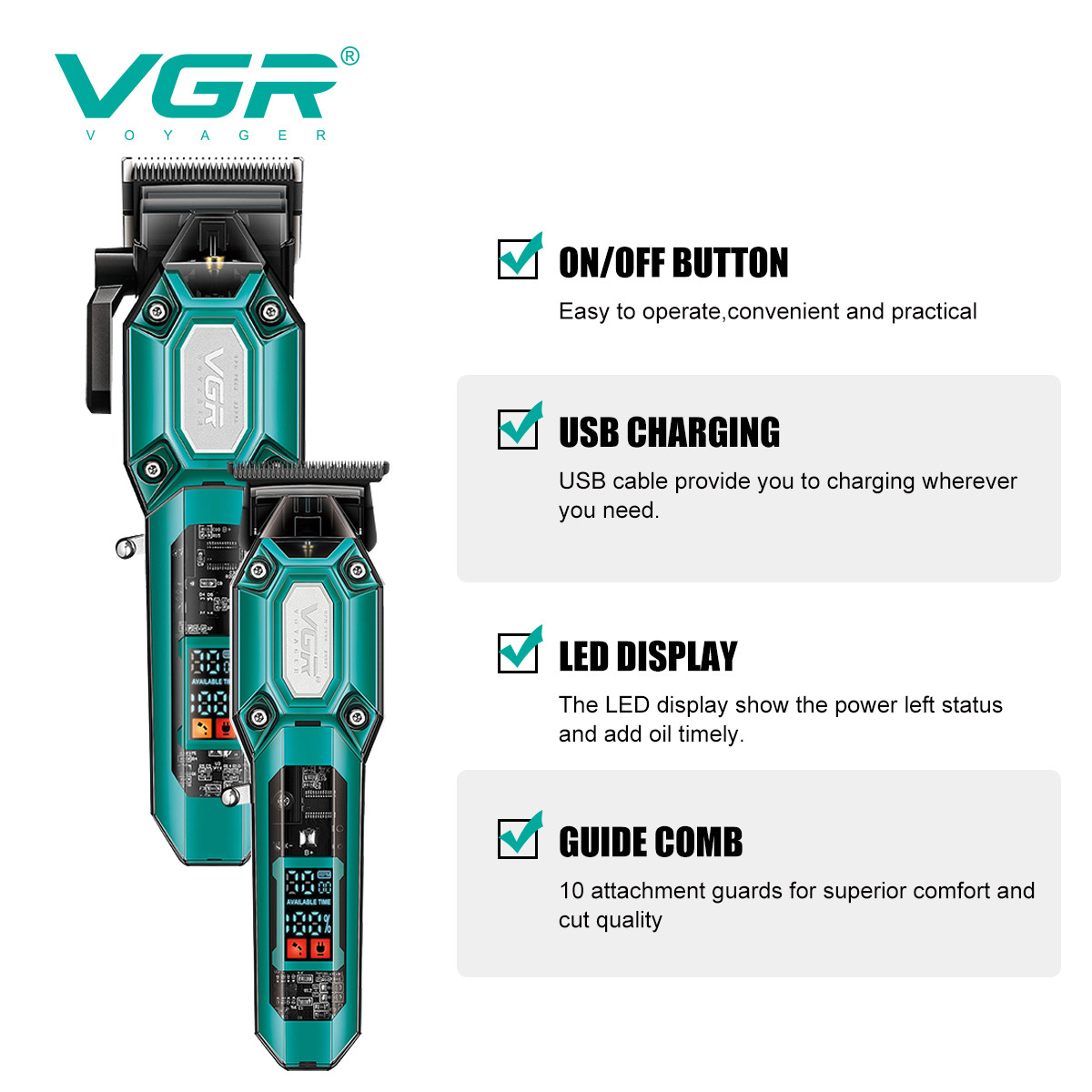 Машинка для стрижки аккумуляторная (6 насадок) GREEN V-600 VGR  Фото 4 